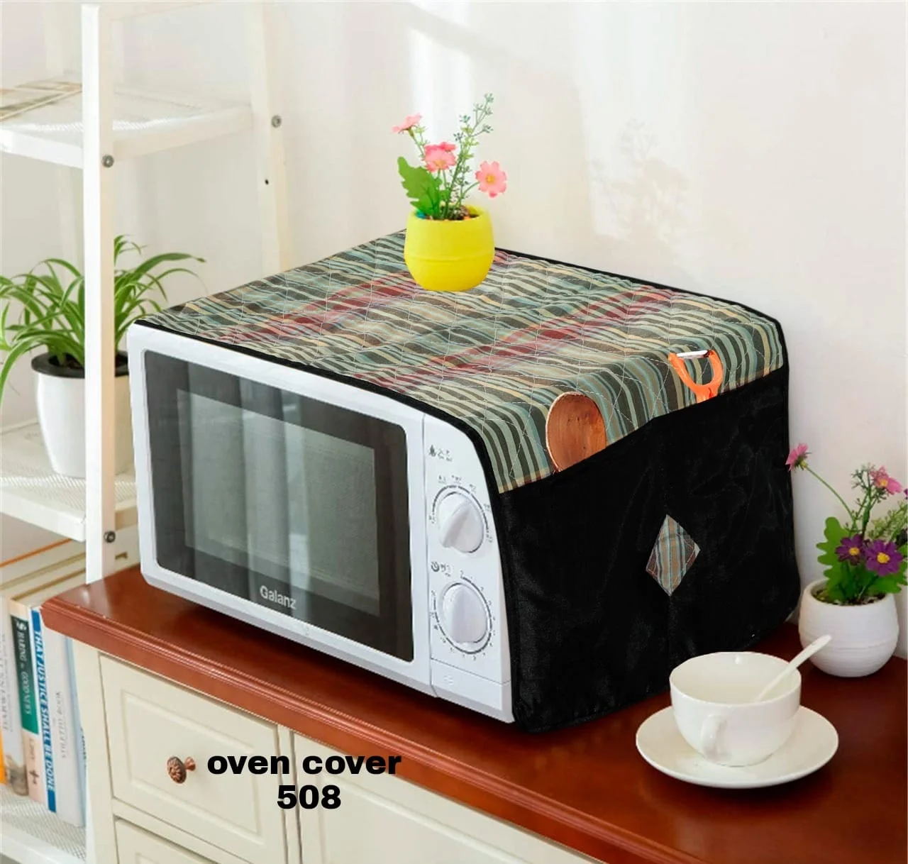 Geometric Pattern Quilted Cotton Oven Cover – Modern Kitchen Protector with Side Pockets