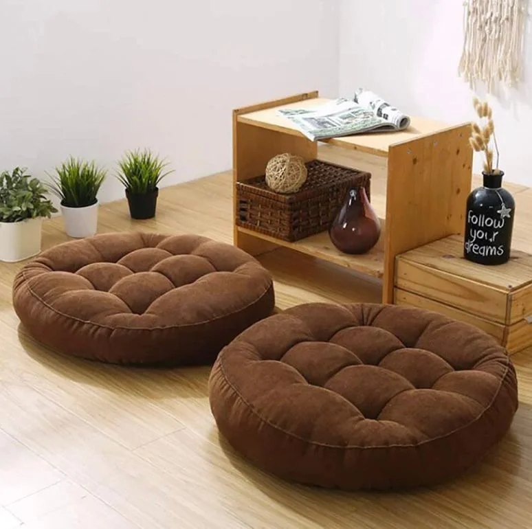 Dark Brown Pair of Round Floor Cushion Ball Fiber Filled – Soft and Plush Floor Pillows