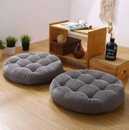 Grey Pair of Round Floor Cushion Ball Fiber Filled – Soft and Plush Floor Pillows