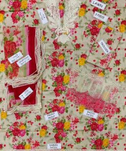 Lawn Suit with embroidered neckline, daman, sleeves patch, and chiffon dupatta