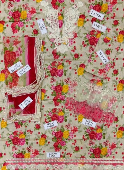 Lawn Suit with embroidered neckline, daman, sleeves patch, and chiffon dupatta