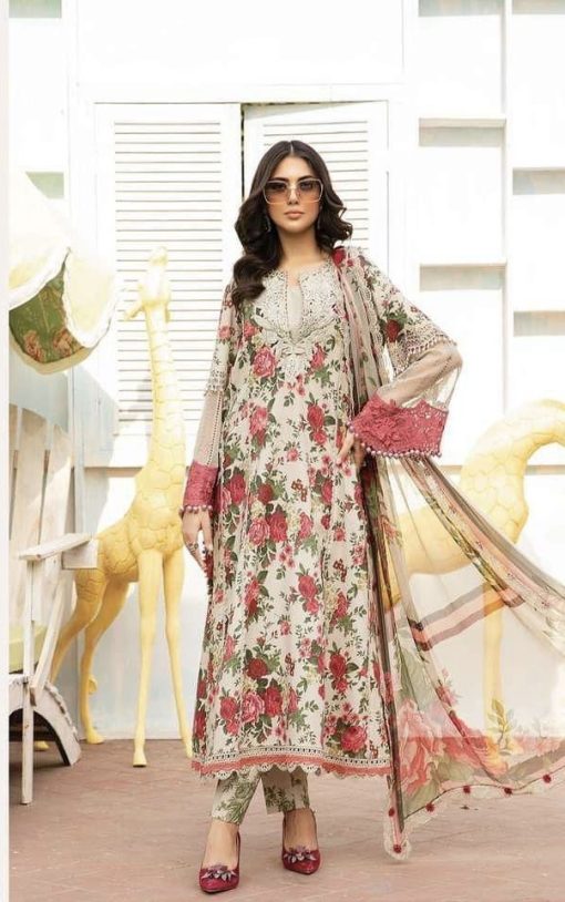 MariaB MB-703 3 Piece Lawn Suit – Embroidered Neck, Daman, Sleeves Patch & 4-Sided Embroidered Chiffon Dupatta