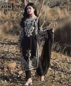 Asim Jofa Black Embroidered Lawn Suit with Heavy Embroidered Daman and Dupatta