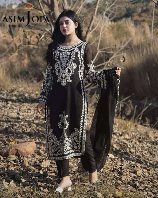 Asim Jofa Black Embroidered Lawn Suit with Heavy Embroidered Daman and Dupatta