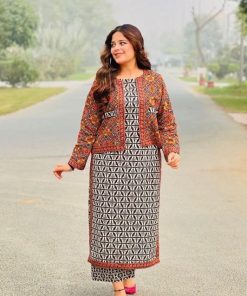 Uswa digital printed lawn suit with voile dupatta and printed trouser – summer collection for women