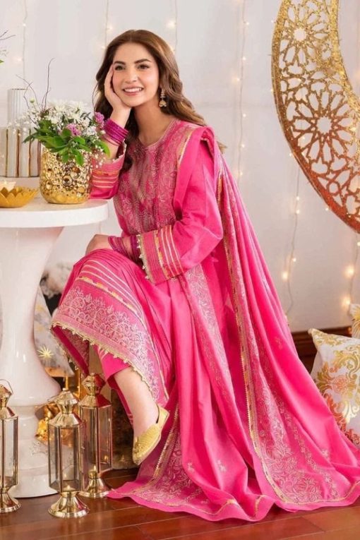 Nishat NT-007 embroidered lawn suit with neckline, sleeves, and border embroidery – chiffon dupatta included