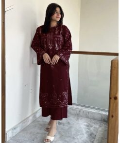 Red 2-piece embroidered lawn suit for summer 2025