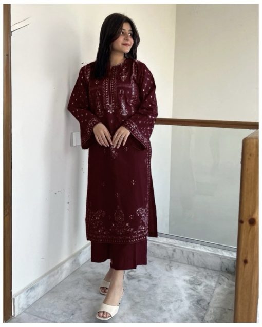 Red 2-piece embroidered lawn suit for summer 2025