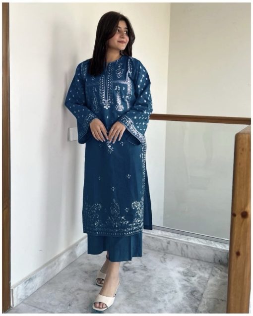 Blue embroidered 2PC lawn suit for women – summer 2025