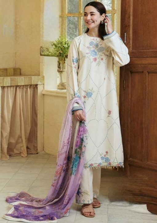 Zara Shahjahan 3 Piece Summer Lawn Suit – Heavy Embroidered Shirt & Sleeves, Plain Trouser with Tarkashi Voile Dupatta