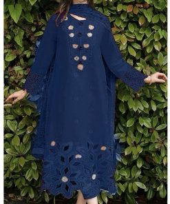 Mushq MS-04 3 Piece Lawn Suit – Embroidered Shirt with Stylish Neckline, Organza Daman Patch & Printed Dupatta