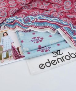 Edenrobe ER-102 is a 3 piece summer-ready digital lawn suit featuring a printed Bana Dora shirt, plain Tana Dora trouser, and soft Tana Dora dupatta — a timeless combo of style and comfort.