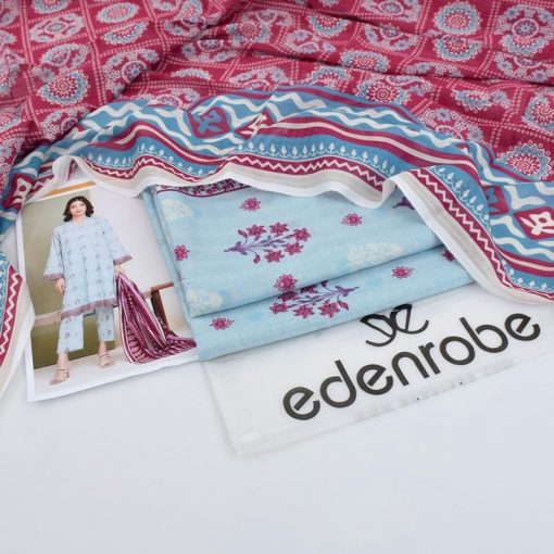 Edenrobe ER-102 is a 3 piece summer-ready digital lawn suit featuring a printed Bana Dora shirt, plain Tana Dora trouser, and soft Tana Dora dupatta — a timeless combo of style and comfort.