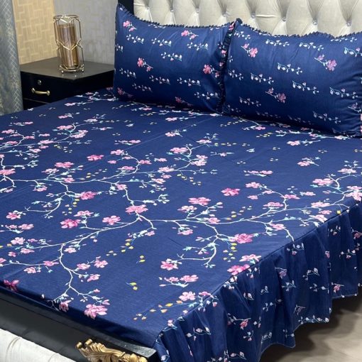 "King-Size Frill Cotton Bedding Set – Stylish and comfortable with frilled pillow covers and bed sheet."