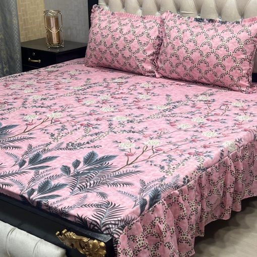 "Elegant Frill King Cotton Set – Soft, breathable cotton with 2-sided frills and king-size bed sheet."
