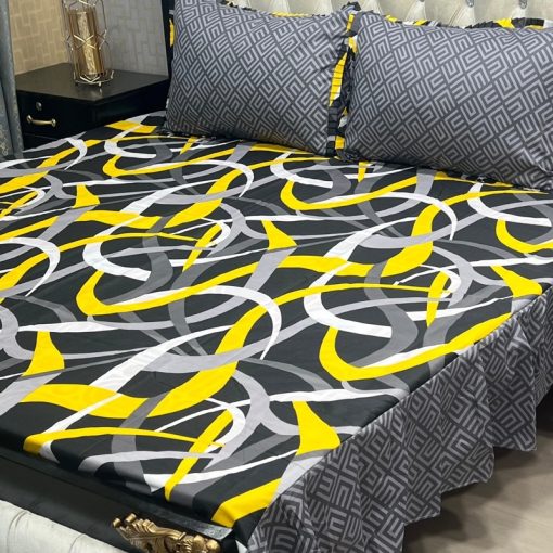 "Frill King Cotton 3-Piece Set – King-size bed sheet with two pillow covers, elegantly stitched with frills."