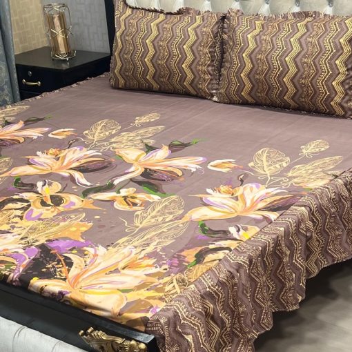"Luxury Frill King Cotton Bedding – King-size bed sheet with frilled pillow covers for added style."