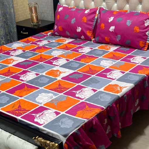 "Frill King Bed Sheet with Pillow Covers – Premium cotton bedding set with stylish 2-sided frill."