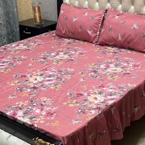 "Frill King Cotton Bed Sheet 3-Piece Set – Elegant king-size bed sheet with 2 matching pillow covers."