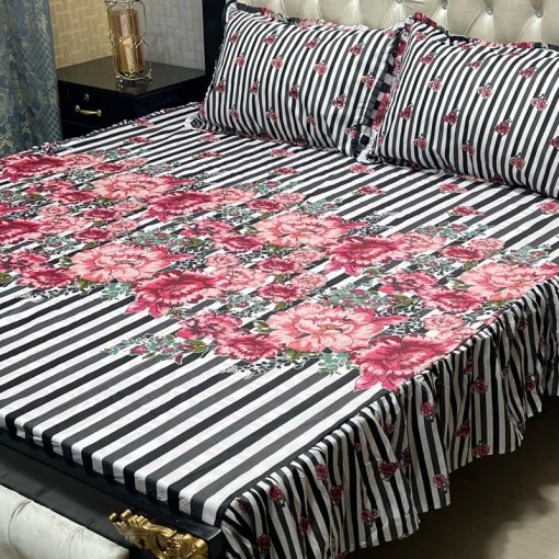 "Stylish Frill King Cotton Bedding Set – Premium cotton king-size bed sheet with two pillow covers and frills."