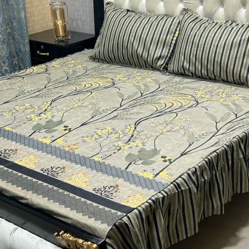 "Luxury Frill King Cotton Bed Sheet Set – King-size bed sheet with two pillow covers and stitched 2-sided frills."