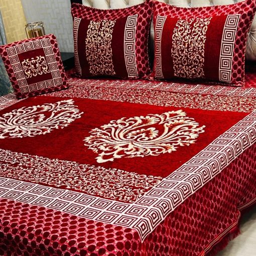 Soft Velvet Jacquard King Size Bed Sheet Set with 2 Pillow Covers and Cushion