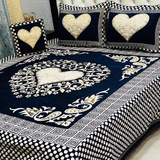 Elegant King Size Jacquard Velvet Bed Sheet Set with Matching Pillow and Cushion Covers