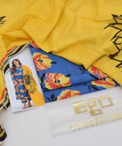 Shop Ego EG-01 – A 3 piece premium Bana Dora Jacquard Lawn suit with digital printed shirt, sleeves, back, and dyed printed trouser.