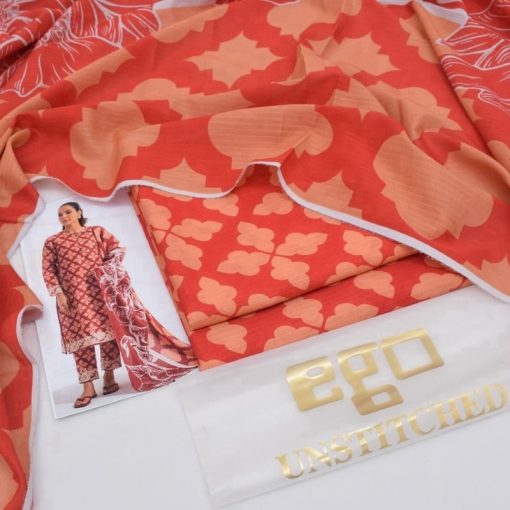 Ego EG-03 – Premium 3 piece unstitched lawn suit with digital print on Bana Dora Jacquard Lawn and dyed lawn trouser. Perfect for elegant summer looks.
