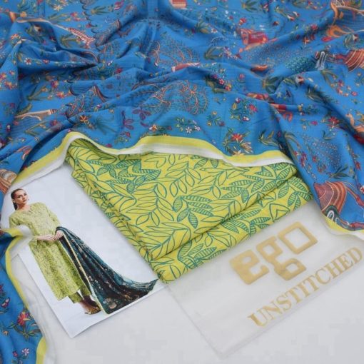 Ego EG-04 – 3 piece Jacquard Lawn suit with digital print on shirt, sleeves, and back. Comes with a dyed trouser. Elegant and breathable for summer.