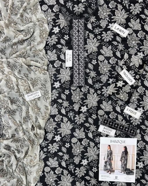 Elevate your summer wardrobe with the Baroque 3 Piece Embroidered Lawn Suit – BR-33, a sophisticated blend of modern digital prints and timeless embroidery. Known for its refined aesthetics and premium fabric quality, this Baroque piece is crafted to offer elegance and comfort for the season’s festive and semi-formal gatherings.