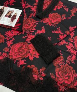 Baroque BR-300 is a 3 piece unstitched lawn suit featuring detailed embroidery on the shirt front, elegant chiffon embroidered dupatta, and plain dyed trouser — perfect for premium festive summer wear.