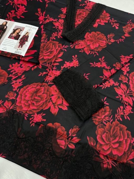 Baroque BR-300 is a 3 piece unstitched lawn suit featuring detailed embroidery on the shirt front, elegant chiffon embroidered dupatta, and plain dyed trouser — perfect for premium festive summer wear.