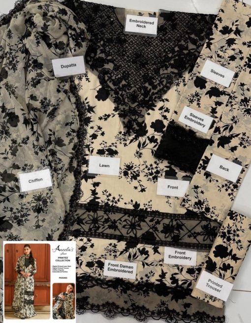 Aneela’s AN-557 Lawn & Chiffon Embroidered Suit – Skin & Black by Al Nisa Collection