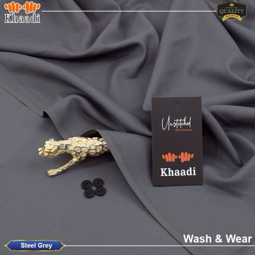Steel Grey Khaadi Unstitched Wash & Wear Suit for Men – All-Season Fabric