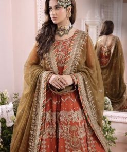 Asim Jofa AJ-558 Heavy Embroidered Chiffon Frock with Satin Silk Trouser and Dupatta