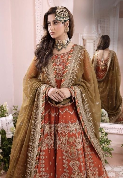 Asim Jofa AJ-558 Heavy Embroidered Chiffon Frock with Satin Silk Trouser and Dupatta