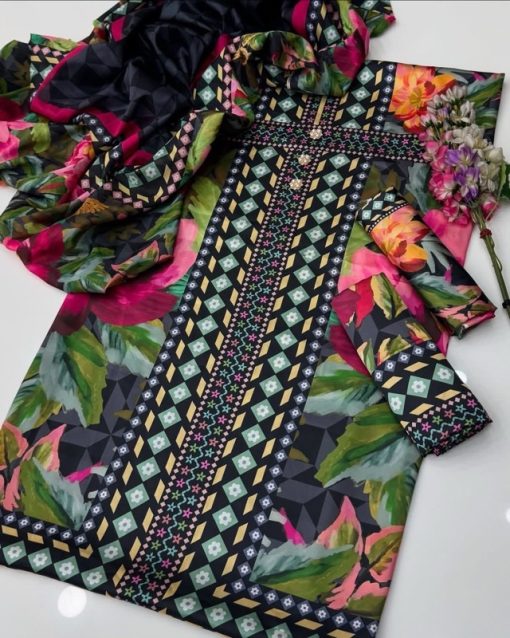 Luxury Digital Printed Silk 3 Piece Women Dress
