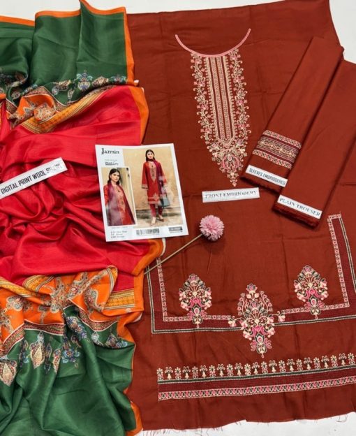 Jazmin JZ-571 | Winter 3 Piece Dhanak Embroidered Suit is one of the most refined designs from Jazmin’s winter collection, offering a flawless balance of elegance and comfort. Crafted with premium Dhanak stuff, this three-piece suit is designed to keep you cozy and stylish throughout the winter season.