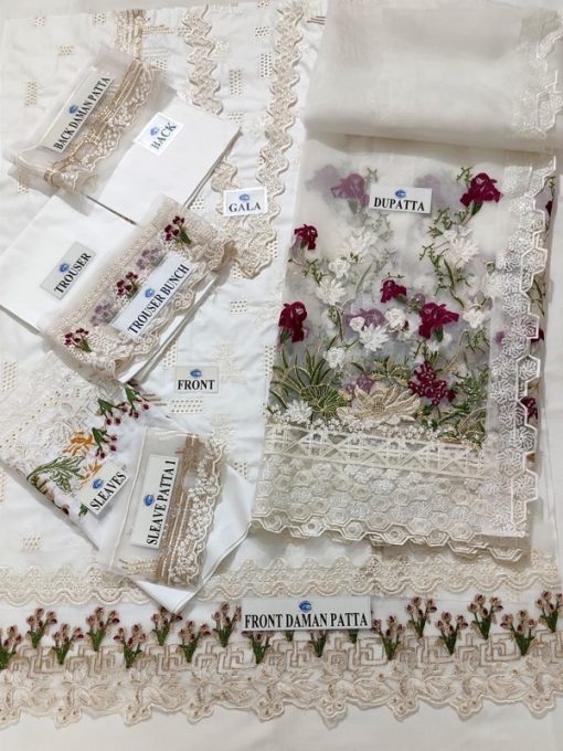 The Elaf EF-611 Luxury Lawn Collection is one of the most hit designs of the season, also known as Article #EL-D06 Crystal-22. This elegant 3-piece unstitched suit is a perfect blend of luxury, embroidery, and high-quality fabric. Designed for women who want to shine at festive events, this outfit offers heavy embroidered details on lawn, organza, and cambric fabrics, ensuring premium quality and timeless charm.