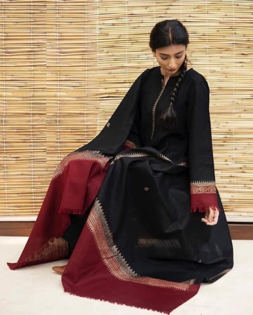 Aisling AS-604 3 Piece Dhanak Winter Suit with Wool Dupatta and Embroidered Sleeves