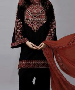 Kayseria KS-597 Linen Embroidered Suit with Neck and Daman Embroidery, Plain Trouser, and Full Embroidered Bamber Chiffon Dupatta