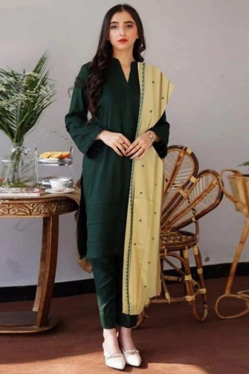 Aisling AS-584 Dhanak 3 Piece Unstitched Winter Suit with Embroidered Front and Wool Shawl