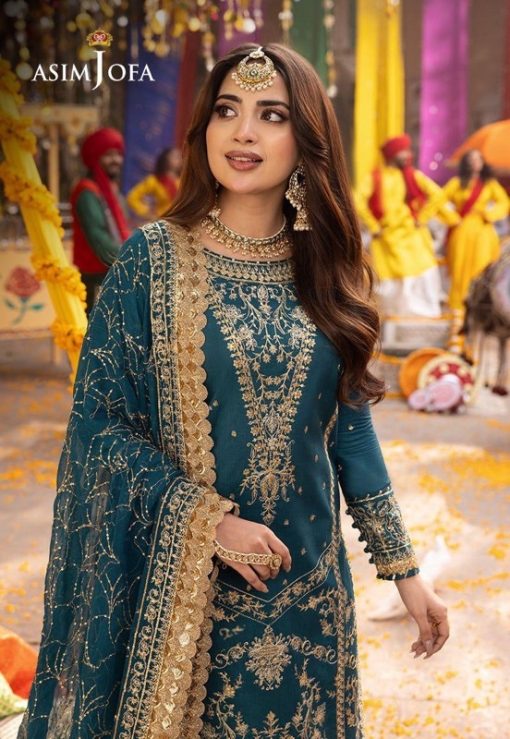 Asim Jofa AJ-609 3 Piece Chiffon Unstitched Suit with Sequin Embellishments and Malai Trouser
