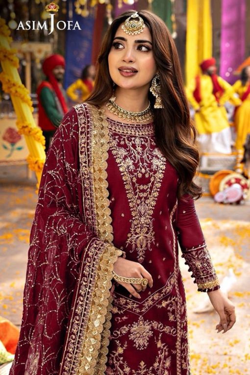 Asim Jofa AJ-608 3 Piece Chiffon Unstitched Suit with Sequin Work and Malai Trouser