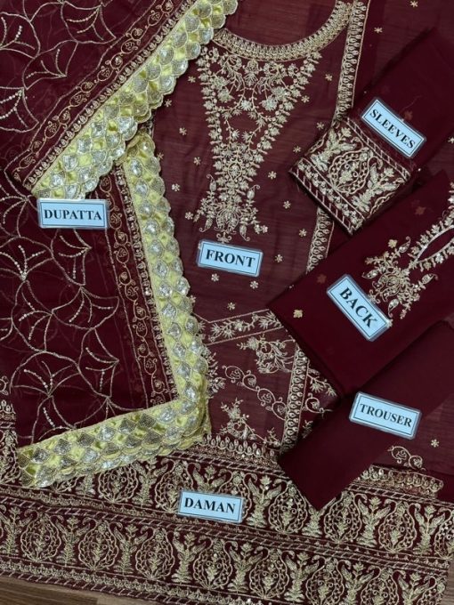 The Asim Jofa AJ-608 is a luxurious 3-piece chiffon unstitched suit that showcases elegance, sophistication, and timeless style. Designed with premium chiffon fabric, paired with a soft malai trouser, and adorned with delicate sequin work, this outfit is perfect for festive and formal occasions.