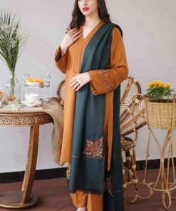 Aisling AS-600 3 Piece Unstitched Dhanak Winter Suit with Embroidered Neck, Sleeves, and Dupatta