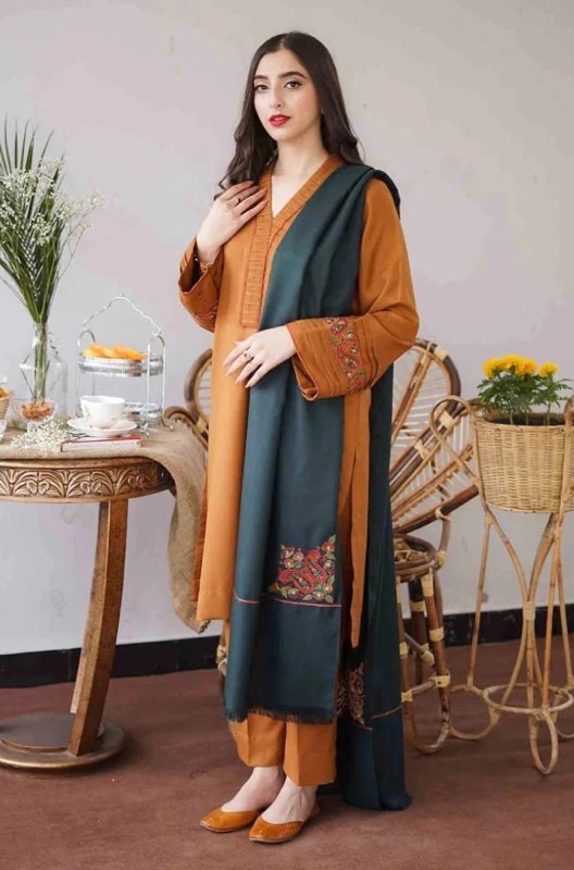 Aisling AS-600 3 Piece Unstitched Dhanak Winter Suit with Embroidered Neck, Sleeves, and Dupatta