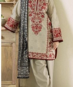 Dur-e-Fishan Saleem DF-598 Dhanak Embroidered Suit with Plain Trouser and Digital Print Wool Shawl