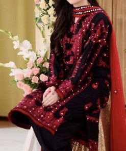 Neelam Munir NM-599 Linen Embroidered Suit with Embroidered Back, Plain Trouser, and Heavy Embroidered Bamber Chiffon Dupatta